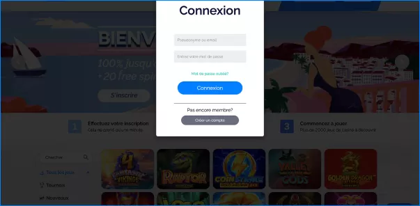 Schermata di login del casinò